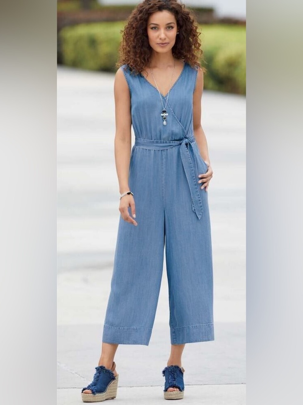 Light Blue Sleeveless Chambray Jumpsuit with Tie Waist